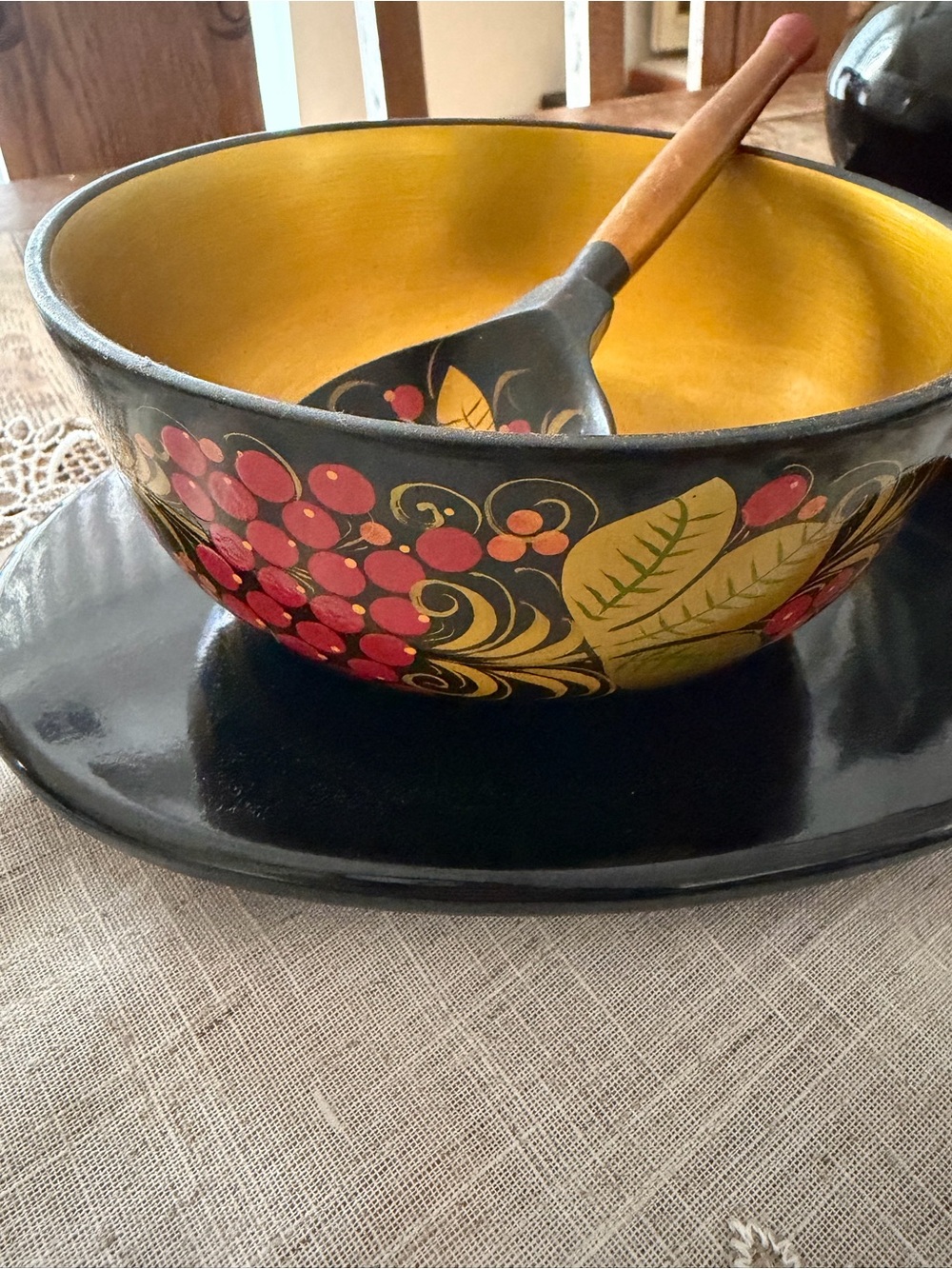 VTG Russian Khokhloma Hand Painted Lacquer Wooden Bowl & Spoon Set | Folk Art